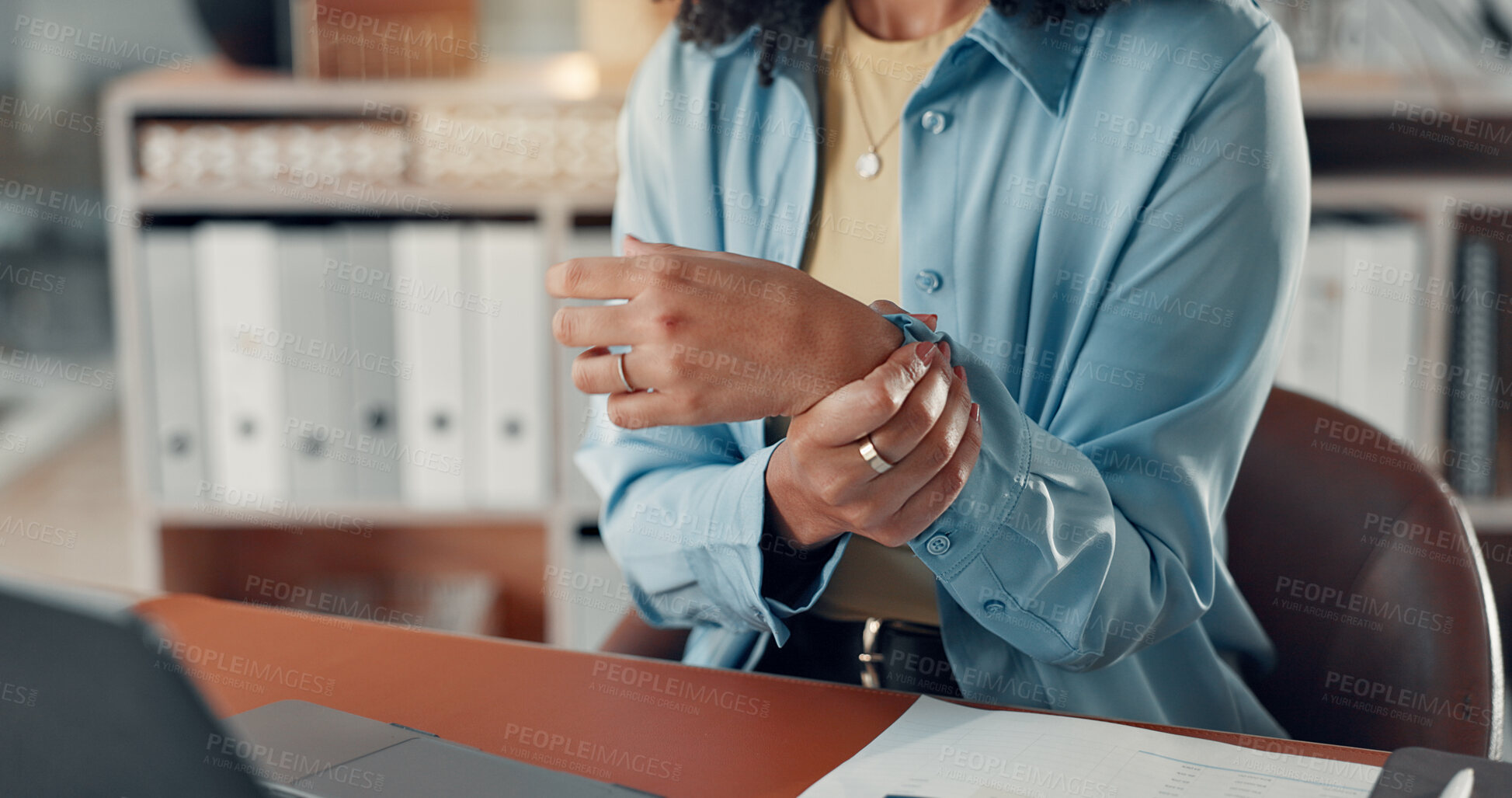 Buy stock photo Business woman, wrist pain and laptop with tension for sprain, pressure or injury in office. Hands, person and document with technology for burnout, deadline or fatigue for compliance officer
