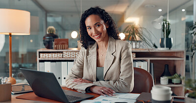 Buy stock photo Portrait, office and happy business woman with laptop for accounting at night. Smile, auditor and confident employee with computer in company, bookkeeper and financial worker on overtime in Mexico