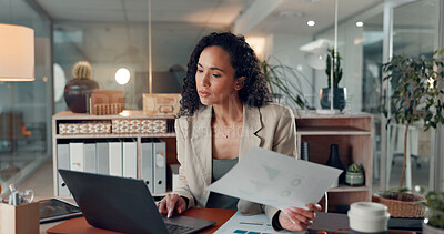 Buy stock photo Woman, laptop and documents at startup with stats, solution or scroll with info at digital agency. Person, computer and paperwork with insight, graphs or report for social media marketing at company