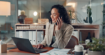 Buy stock photo Woman, phone call and laptop with smile at office with contact, review and talk at digital agency. Person, smartphone and conversation with pc, scroll or feedback for web traffic stats at startup