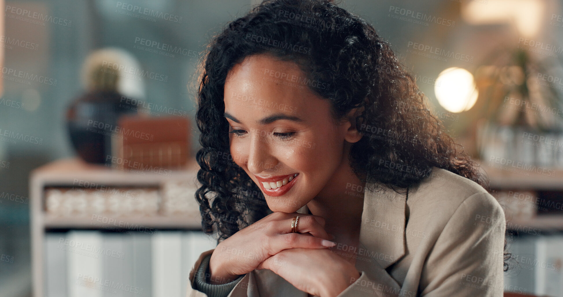 Buy stock photo Smile, business and woman in office at night with vision, problem solving and headline feedback. Thinking, female journalist and reflection for working late, article decision and publication solution