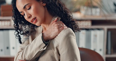 Buy stock photo Business woman, neck pain and tired with tension for sprain, pressure or injury in office. Stress, person and frustrated with muscle ache for burnout, deadline or fatigue for compliance officer