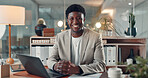 Portrait, business and happy black man with laptop for accounting in office at night. Smile, auditor and confident employee with computer, bookkeeper and financial worker on overtime with bokeh