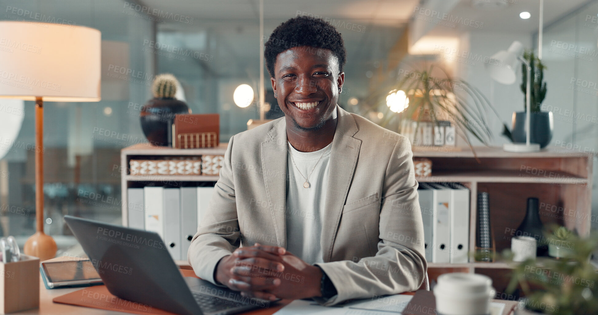 Buy stock photo Portrait, business and happy black man with laptop for accounting in office at night. Smile, auditor and confident employee with computer, bookkeeper and financial worker on overtime with bokeh