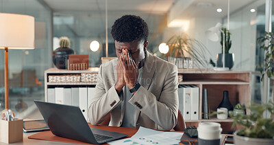 Buy stock photo Finance, laptop and stress with business black man in office for audit, loss or tax review. Computer, documents and financial graphs with accounting employee at work for corporate risk management