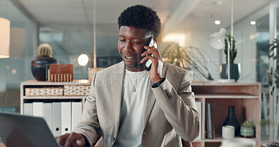 Buy stock photo Business, phone call and black man with laptop in office for insurance policy, negotiation and night. Mobile, computer and happy broker talking to contact for premium, benefits or overtime with bokeh