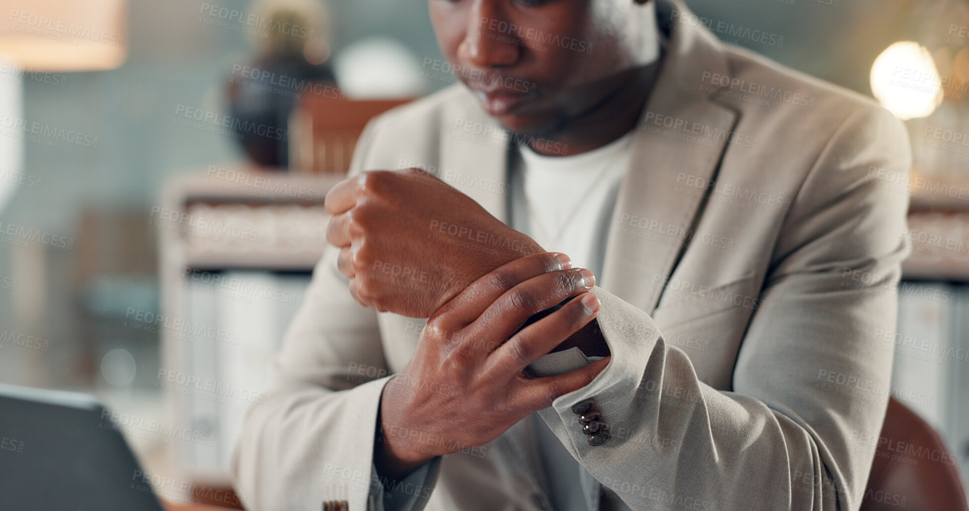 Buy stock photo Businessman, wrist pain and laptop with tension for night, pressure or office injury. Hands, person and consultant stress with tech for burnout, deadline or fatigue for compliance officer with bokeh