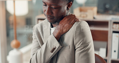 Buy stock photo Businessman, shoulder pain or tired with tension for sprain, pressure or injury in office. Stress, black person and frustrated with muscle ache for burnout, deadline or fatigue for compliance officer