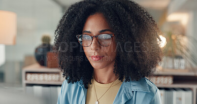 Buy stock photo Woman, glasses reflection and research in office for internet review, proofreading and editing. Publishing agency, journalist and tech screen for fact checking article, submission and publication.