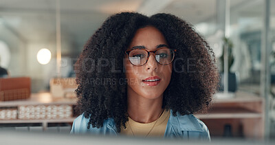 Buy stock photo Computer, reading and business woman with glasses for content writing, article or planning at night. Tech, overtime and African copywriter in office with reflection, email campaign or review research