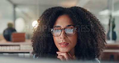 Buy stock photo Thinking, reading and business woman on computer for gantt chart, article and night. Glasses, project management or African copywriter with reflection, visualize timeline or track deadline in office