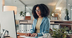 Woman, typing and employee with computer in office, administration or data entry of info on website. Online, transcriptionist and person with tech for financial report, graph and document in business