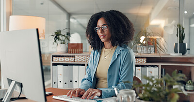 Woman, typing and employee with computer in office, administration or data entry of info on website. Online, transcriptionist and person with tech for financial report, graph and document in business