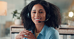 Happy woman, portrait or night consultant with headset in office for online advice or communication. Female person, friendly agent or working late with smile or mic or virtual assistance in workplace