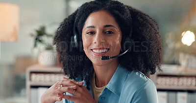 Buy stock photo Happy woman, portrait or night consultant with headset in office for online advice or communication. Female person, friendly agent or working late with smile or mic or virtual assistance in workplace