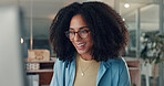 Computer, reading and happy business woman in office for content writing, article or think at night. Tech, overtime and African copywriter with inspiration for blog, email campaign and feedback