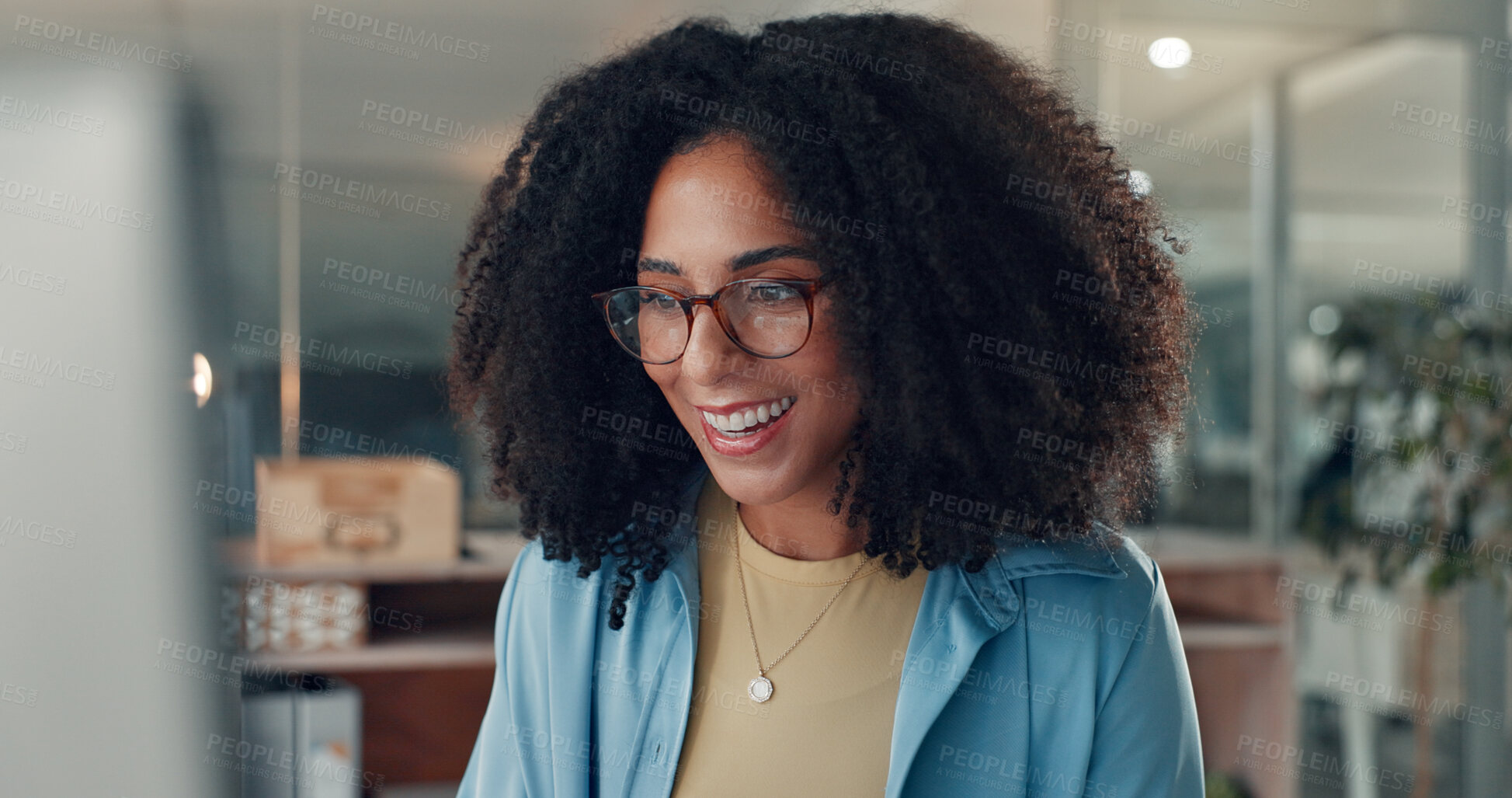 Buy stock photo Computer, reading and happy business woman in office for content writing, article or think at night. Tech, overtime and African copywriter with inspiration for blog, email campaign and feedback