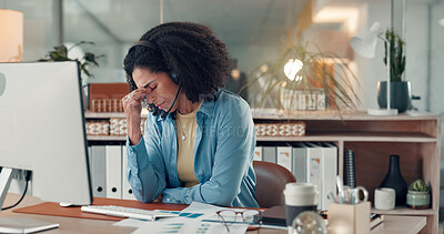 Buy stock photo Business woman, stress and headache with headset for mistake, compliance or fail in office. Frustrated, female person or consultant agent with migraine, eye strain or difficult customer in workplace