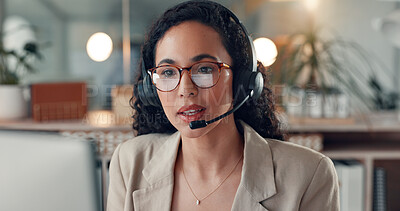 Buy stock photo Business woman, night and consultant with headset in office for customer service or online advice. Female person, agent or working late with glasses or mic for virtual assistance or communication