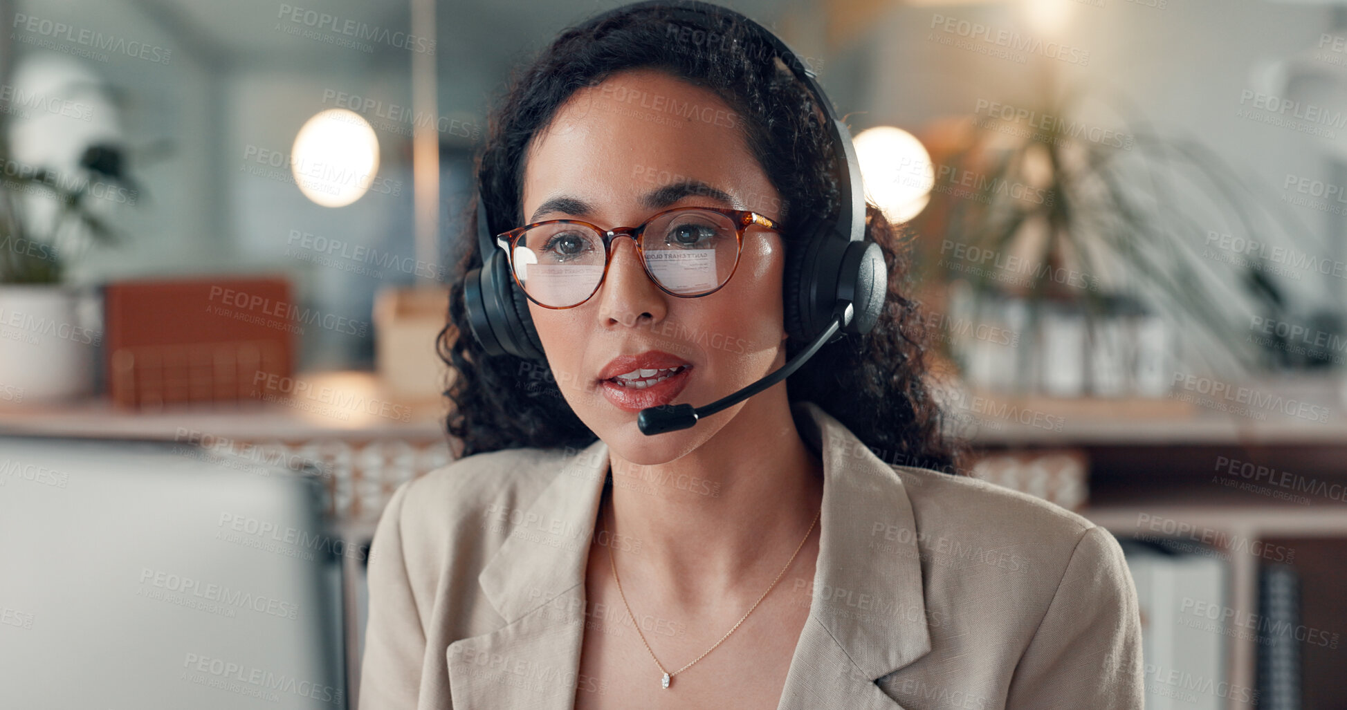 Buy stock photo Business woman, night and consultant with headset in office for customer service or online advice. Female person, agent or working late with glasses or mic for virtual assistance or communication