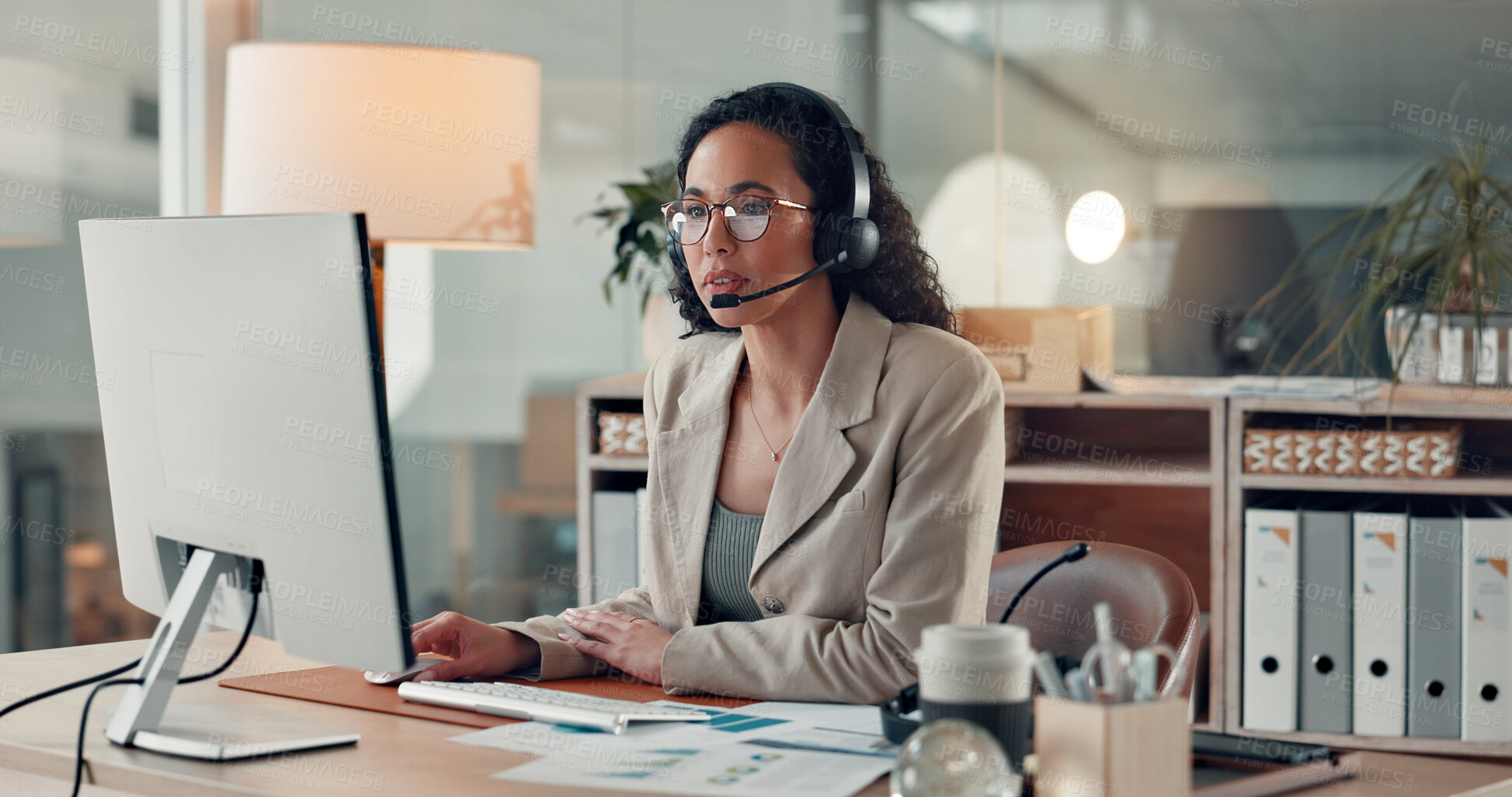 Buy stock photo Business woman, consultant and computer with headset or documents for company report or advice. Female person, agent or analyst with paperwork or mic for virtual assistance or feedback in office