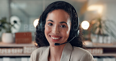 Buy stock photo Happy woman, portrait and night agent with headset in office for online advice or customer service. Female person, consultant or working late with smile or mic for virtual assistance in workplace