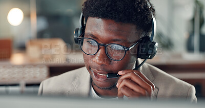 Buy stock photo Black man, consultant and night with headset for online consulting, advice or customer service. Male person, African agent or working late with mic or glasses for virtual assistance or help in office