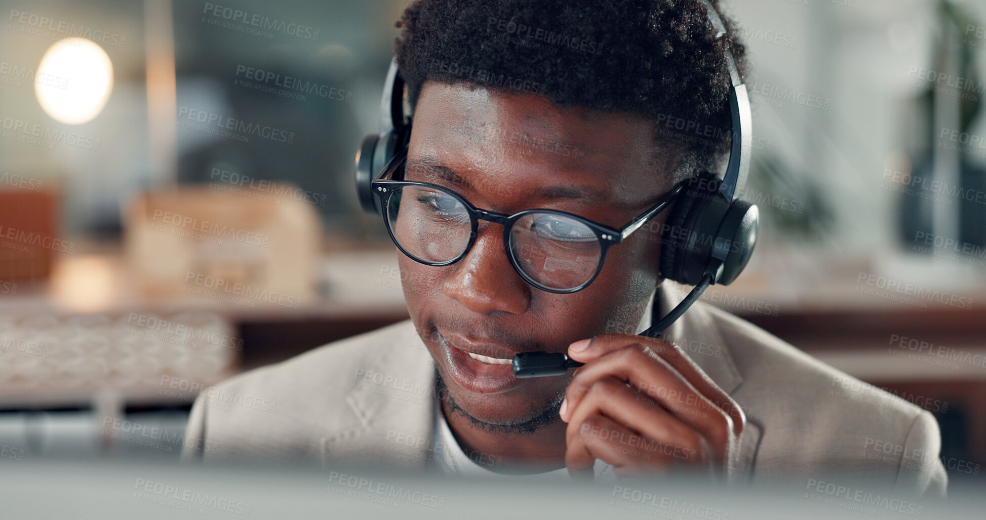 Buy stock photo Black man, consultant and night with headset for online consulting, advice or customer service. Male person, African agent or working late with mic or glasses for virtual assistance or help in office