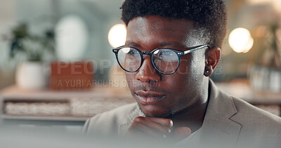 Buy stock photo Business, thinking and black man with glasses, computer and online reading with creative agency. Copywriting, person and journalist with pc, reflection or ideas for news report or magazine submission
