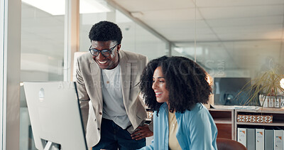 Buy stock photo Help, computer and business people in office, teamwork and financial agency with profit growth. Employees, man and woman in workplace, pc and research for stock market, smile and email with feedback