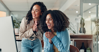 Buy stock photo Excited, women and good news on computer, office and team with positive feedback for novel at night. Happy, employee and people with achievement, bonus and working late with tech in creative agency
