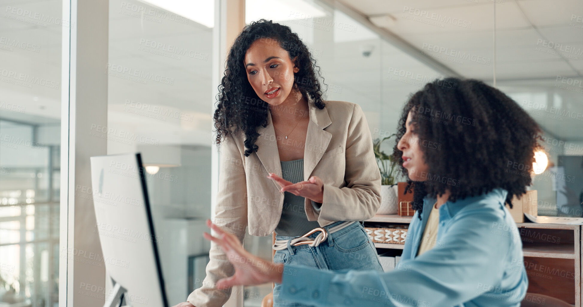 Buy stock photo Help, computer and business women in office, teamwork and financial agency with profit growth. Employees, conversation and people with pc and research for stock market, trading or email with feedback