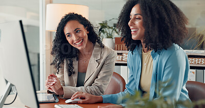 Buy stock photo Help, computer and business women with smile, teamwork and financial agency with profit growth. Employees, cooperation and people in office, pc and research for stock market, email and happiness