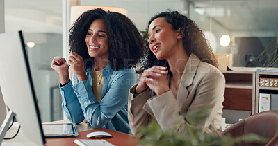 Buy stock photo Computer, business women and collaboration in meeting at night, trading or financial feedback. Happy team, desktop and discussion in office for investment planning, stock market results or overtime