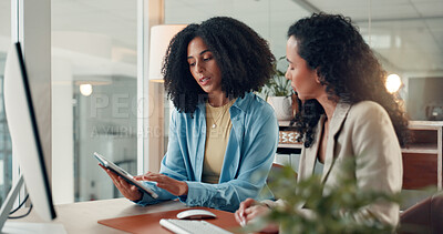 Buy stock photo Business, tablet and women in office, teamwork and financial agency with profit increase. Employees, tech and people in workplace, feedback or research for stock market, talking or email with trading