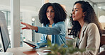 Business, computer and women in office, help and financial agency with stock market. Employees, cooperation and people in workplace, pc and research for trading, mentor and coaching with internet