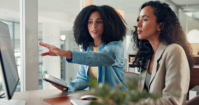 Buy stock photo Business, computer and women in office, help and financial agency with stock market. Employees, cooperation and people in workplace, pc and research for trading, mentor and coaching with internet