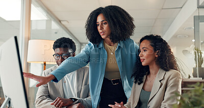 Buy stock photo Business, help and people in office, computer and teamwork with financial agency, feedback or coaching. Mentor, app or employees with tech, discussion or internet for stock market exchange or support