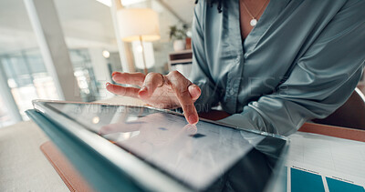 Buy stock photo Tablet screen, hands and business women with graphs for social media, content marketing and project. Creative professional, research and worker on tech for information, internet and SEO planning