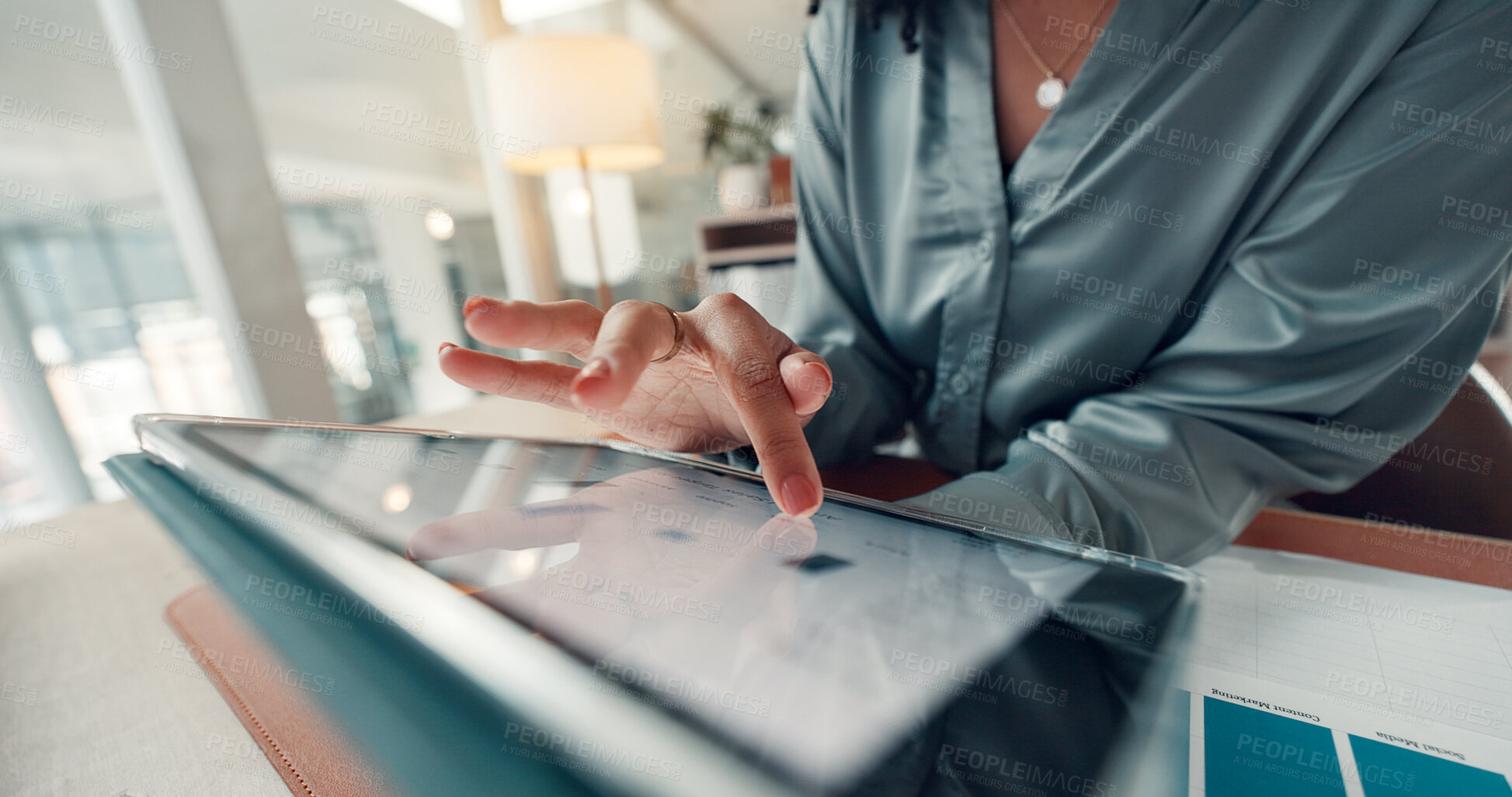 Buy stock photo Tablet screen, hands and business women with graphs for social media, content marketing and project. Creative professional, research and worker on tech for information, internet and SEO planning
