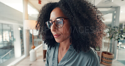 Buy stock photo Business woman, glasses and reading in office for research, analysis and check information at news agency. Newspaper, article or journalist in workplace with reflection, review or publication draft