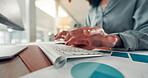 Hands, typing and employee with keyboard in office, administration or data entry of info on website. Online, transcriptionist and person with tech for financial report, graph and document in business