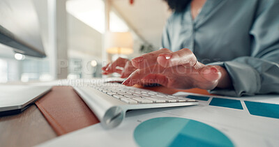 Hands, typing and employee with keyboard in office, administration or data entry of info on website. Online, transcriptionist and person with tech for financial report, graph and document in business