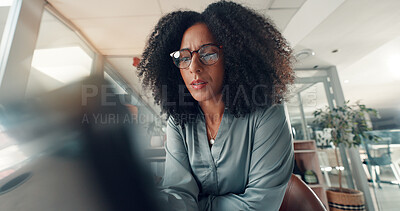 Buy stock photo Laptop, glasses and reading with business woman in office for planning, magazine editor and research. Media publication, website and article feedback with person in creative agency for draft