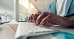 Keyboard, business person and hands typing in office with financial graphs, analysis or document. Computer, analyst and writing at desk in workplace for investment, risk assessment or email with data