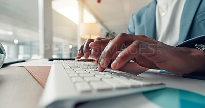 Buy stock photo Keyboard, business person and hands typing in office with financial graphs, analysis or document. Computer, analyst and writing at desk in workplace for investment, risk assessment or email with data