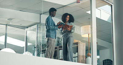 Buy stock photo Business, help and people with tablet, below and teamwork with financial agency, discussion and coaching. Mentor, notebook and employees with tech, planning and internet for stock market exchange