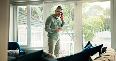 Buy stock photo Remote work, phone call and man with tablet in home for listening, chat or insurance policy. Freelancer, mobile and mature broker talking to contact for negotiation, claims update or discussion