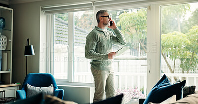 Buy stock photo Freelancer, phone call and man with tablet in home for listening, chat or insurance policy. Remote work, mobile and mature broker talking to contact for negotiation, claims update and discussion