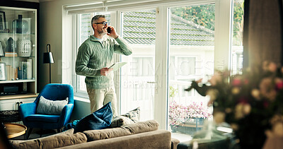 Buy stock photo Freelancer, phone call and happy man with tablet in home for listening, chat or insurance policy. Remote work, mobile and mature broker talking to contact for negotiation, claims update or news